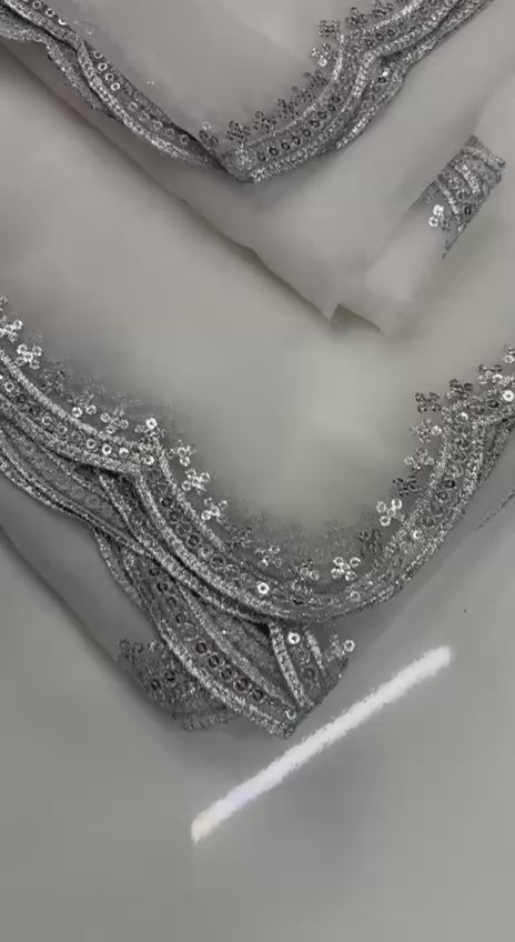 Pure Organza Silver Sequence 4 Side Cutwork Dupatta
