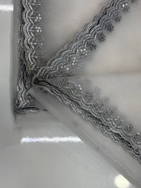 Pure Organza Silver Sequence 4 Side Cutwork Dupatta