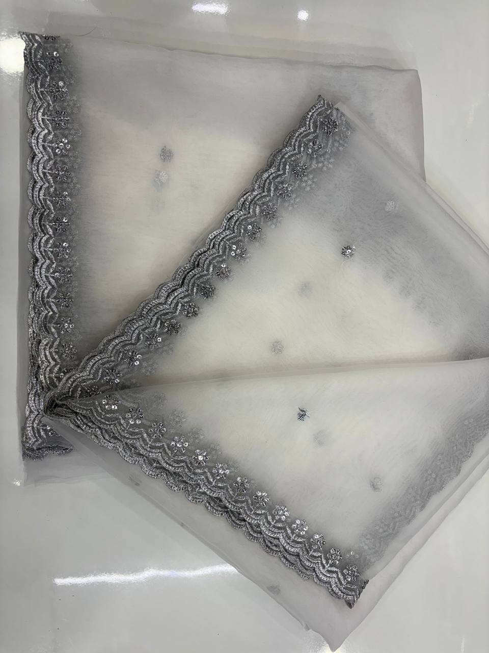Pure Organza Silver Sequence 4 Side Cutwork Dupatta