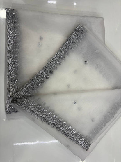 Pure Organza Silver Sequence 4 Side Cutwork Dupatta