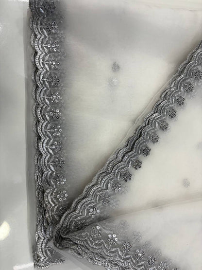 Pure Organza Silver Sequence 4 Side Cutwork Dupatta
