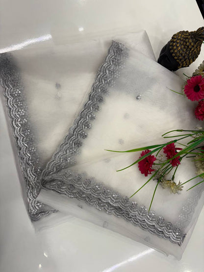 Pure Organza Silver Sequence 4 Side Cutwork Dupatta