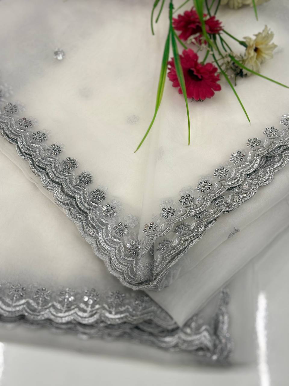 Pure Organza Silver Sequence 4 Side Cutwork Dupatta